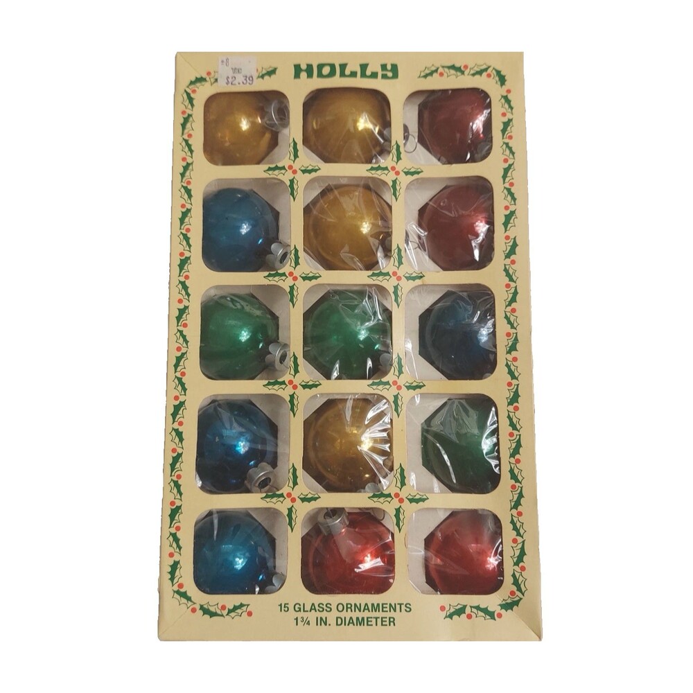 Vintage Holly 15 Glass Round Ball Glass Christmas Ornaments Box Multicolor 1 3/4